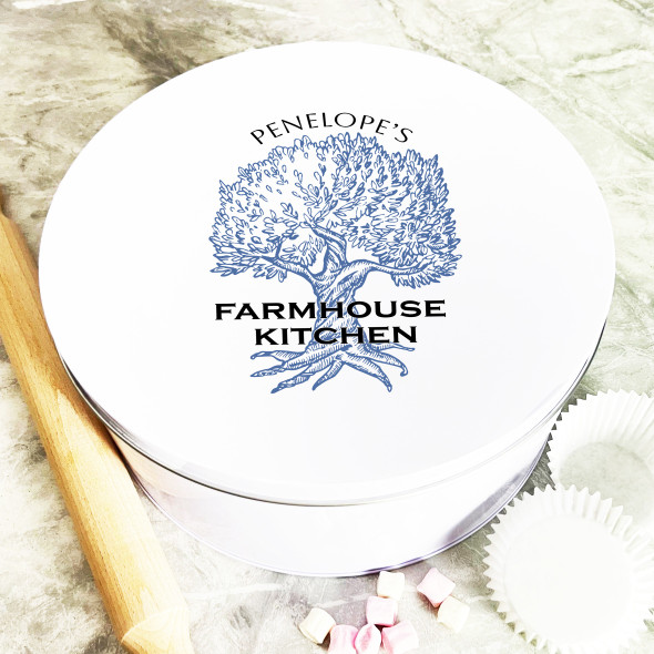 Round Blue Tree Farmhouse Personalised Kitchen Storage Tin