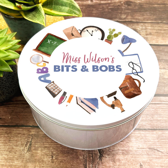 Round Watercolour School Icons Bits & Bobs Teacher Personalised Tin