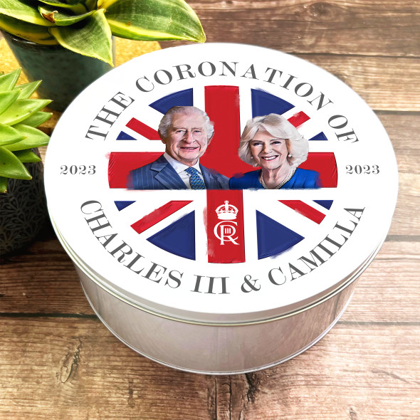 Round Charles & Camilla Cr Union Jack King Charles III Coronation Souvenir Tin