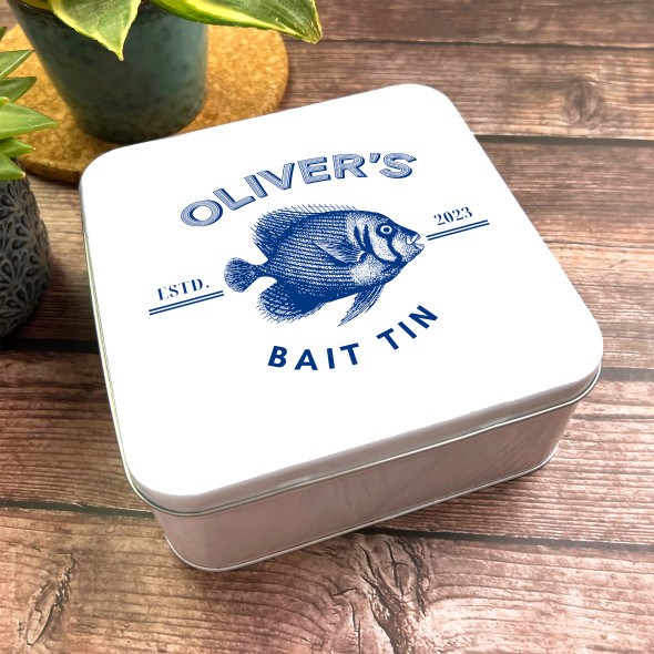 Square Antique Design Blue Personalised Vintage Fishing Bait Tin