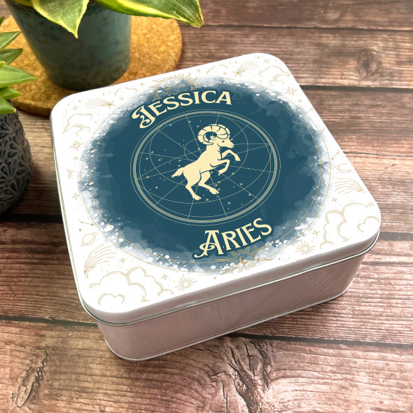 Square Aries Ram Green Sky Stars Personalised Star Sign Tin