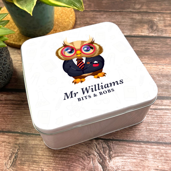 Square Cute Owl With Glasses Teacher Bits & Bobs Personalised Tin