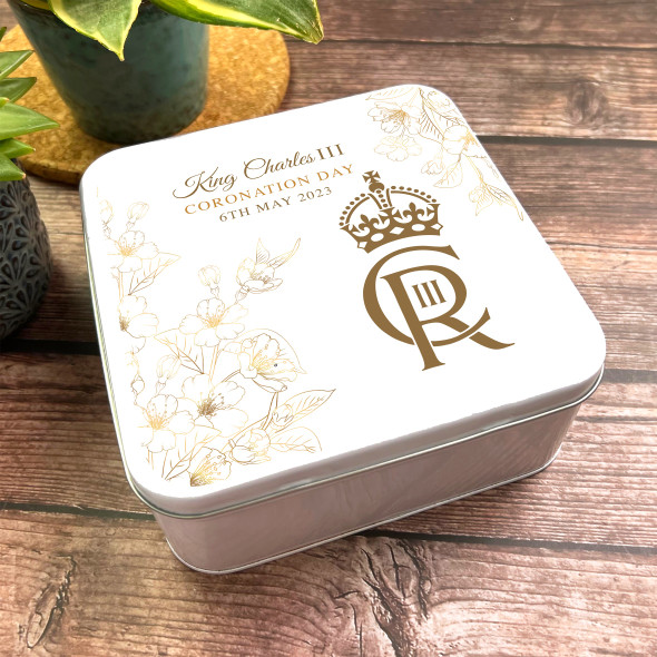 Square Gold Floral Cr Official Monogram King Charles III Coronation Souvenir Tin