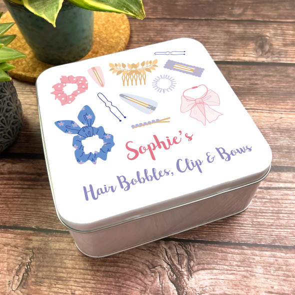 Square Hair Bobbles Clip & Bows Cute Pink Personalised Beauty Tin