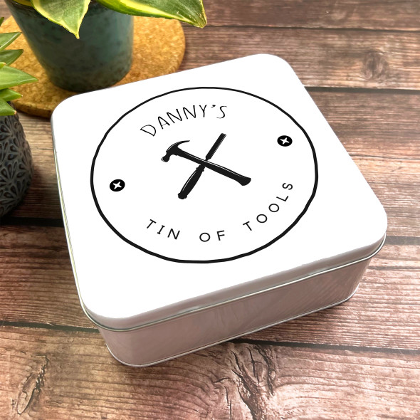 Square Minimal Crossed Hammer Chisel Personalised Men's Tools Storage Tin