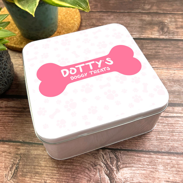 Square Pink Bone Doggy Treats Personalised Dog Biscuit Treat Tin