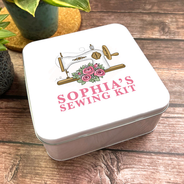 Square Pink Floral White Sewing Kit Machine Personalised Tin