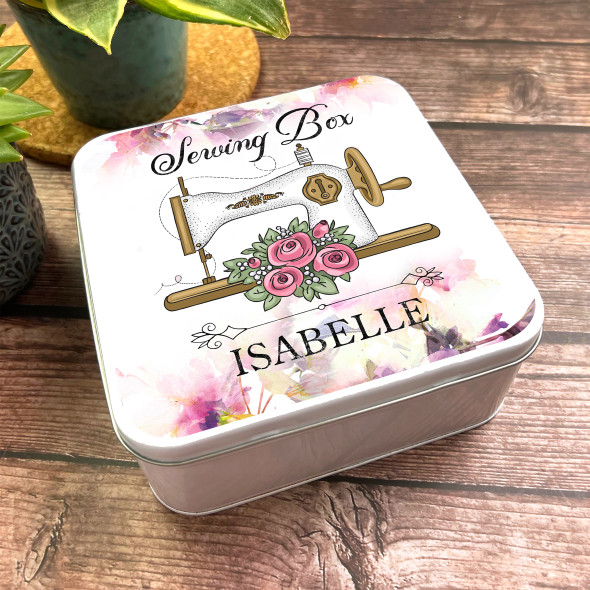 Square Sewing Kit Machine Purple Pink Floral Personalised Tin