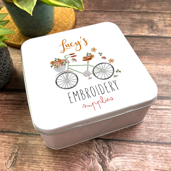 Square Sewing Kit Storage Bike & Flowers Personalised Embroidery Supplies Tin