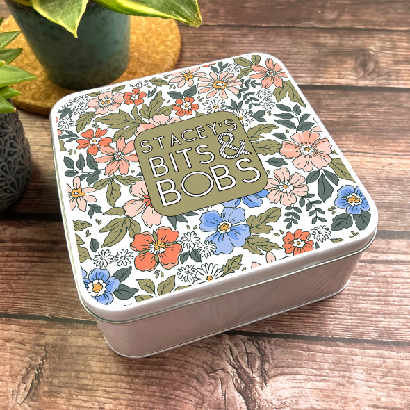 Square Vintage 70'S Floral Peach Flowers Personalised Bits & Bobs Storage Tin