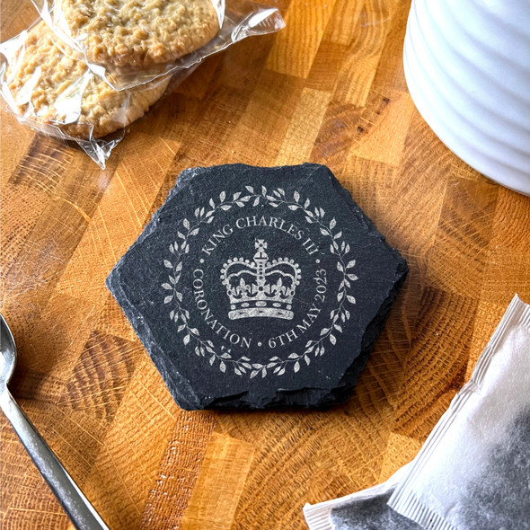 Leafy Wreath Crown King Charles Coronation Day Souvenir Hexagon Slate Coaster