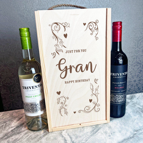 Pretty Hearts Swirl Frame Just For You Gran Birthday Two Bottle Wine Gift Box