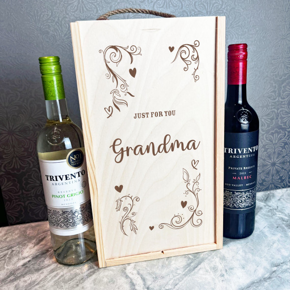 Pretty Hearts Swirl Frame Just For You Grandma Double Two Bottle Wine Gift Box