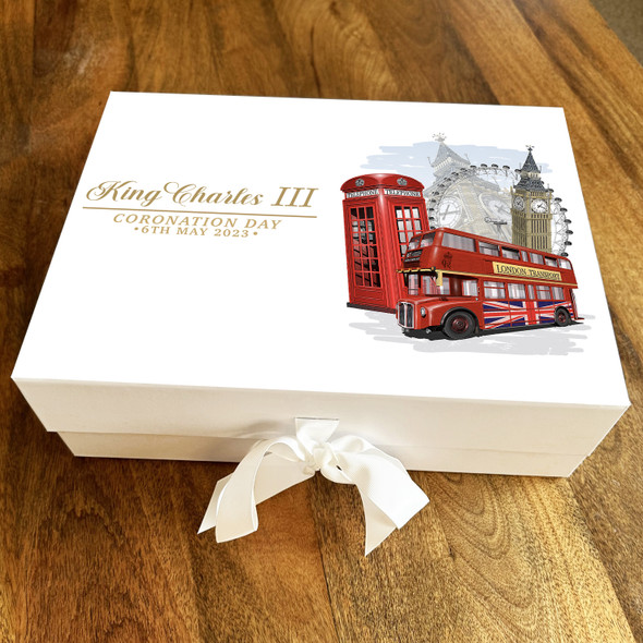 London Red Bus Big Ben Gold King Charles III Coronation Personalised Gift Box