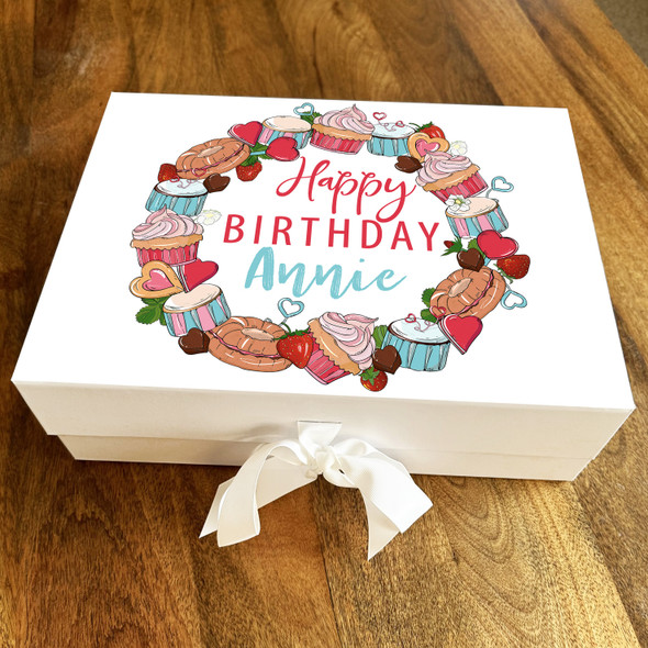 Pink Blue Bright Cupcakes Wreath Happy Birthday Personalised Hamper Gift Box