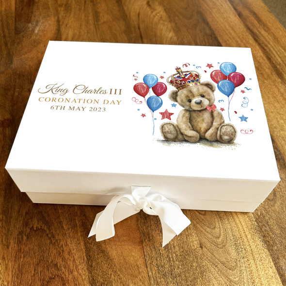 Watercolour Cute Teddy Bear Balloons King Charles Coronation Gift Box