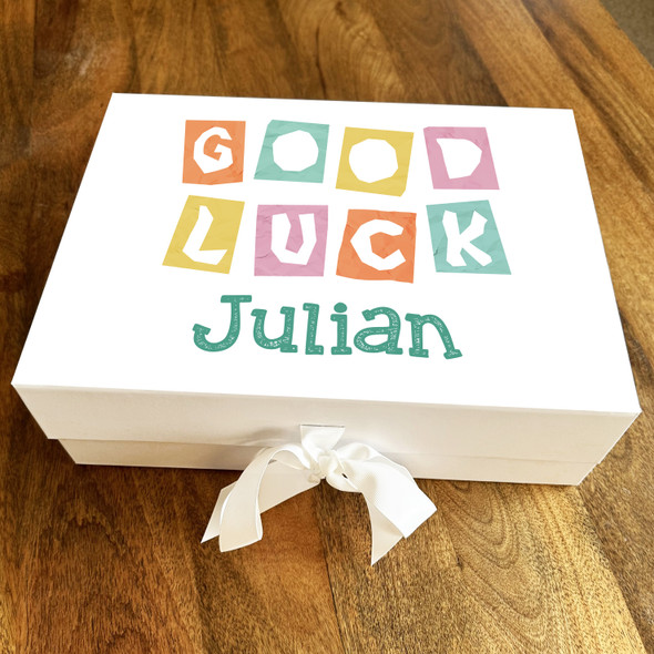 Colourful Block Letters Good Luck Personalised Hamper Gift Box