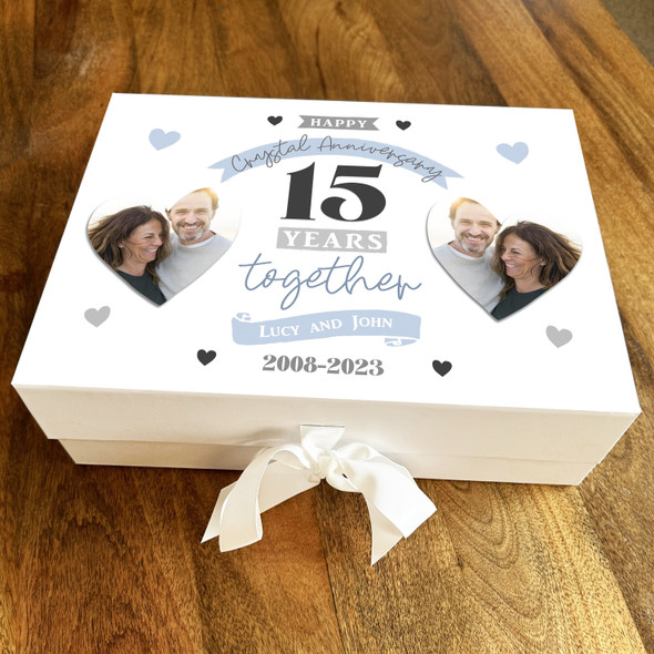 15th Wedding Anniversary Crystal Photo Hearts Personalised Hamper Gift Box