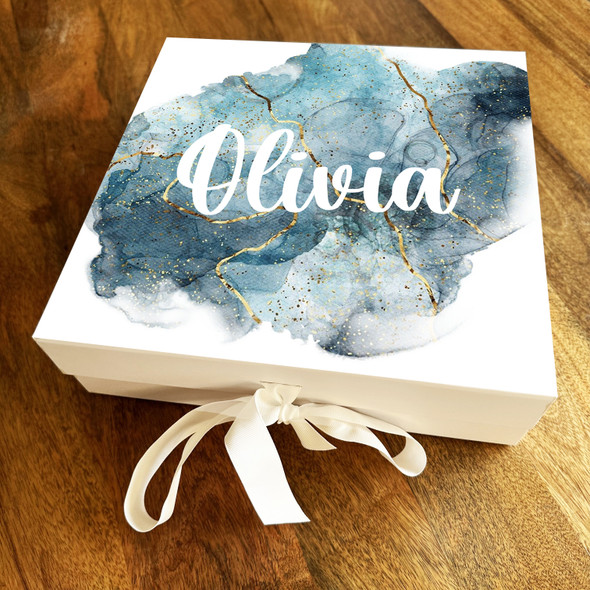 Square Blue & Gold Foil Marble Swirl Watercolour Birthday Personalised Gift Box