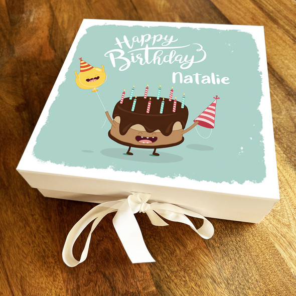 Square Teal Brush Background Happy Birthday Cake Personalised Hamper Gift Box