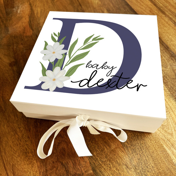 Square White Floral & Navy Initial D New Baby Personalised Keepsake Gift Box