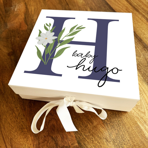 Square White Floral & Navy Initial H New Baby Personalised Keepsake Gift Box