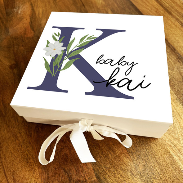 Square White Floral & Navy Initial K New Baby Personalised Keepsake Gift Box