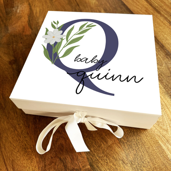 Square White Floral & Navy Initial Q New Baby Personalised Keepsake Gift Box