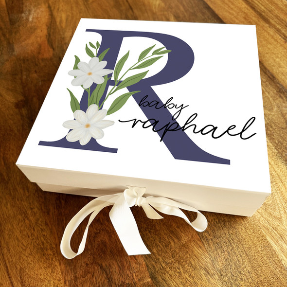 Square White Floral & Navy Initial R New Baby Personalised Keepsake Gift Box