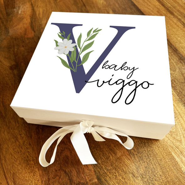 Square White Floral & Navy Initial V New Baby Personalised Keepsake Gift Box