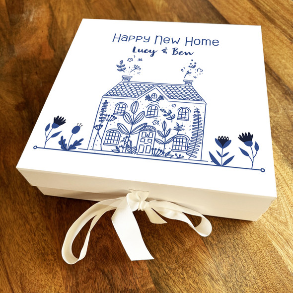 Square Blue Doodle House Floral New Home Couple Personalised Hamper Gift Box
