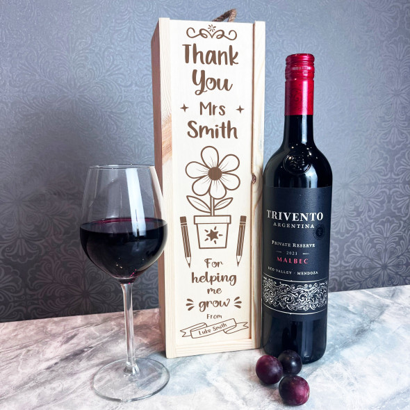 Thank You Teacher Helping Me Grow Flower Plant 1 Bottle Personalised Wine Box