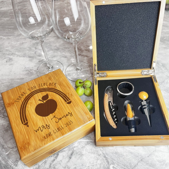 Thank You Teacher Apple School Leavers Personalised Wine Bottle Gift Box Set