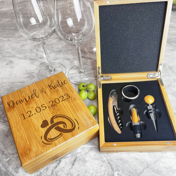 Wedding Day Rings Anniversary Personalised Wine Bottle Tools Gift Box Set