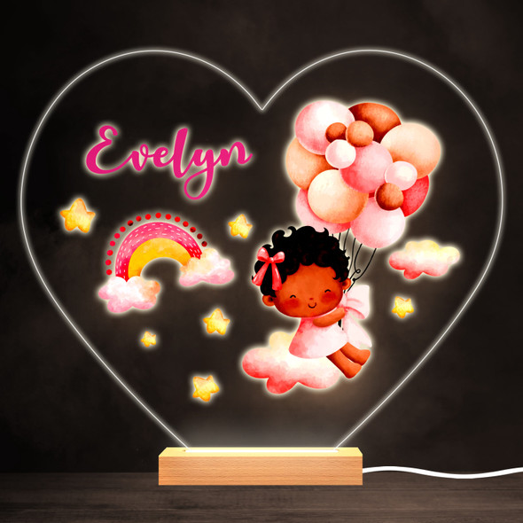 Dark Skin Baby Girl Balloons Colourful Heart Personalised Gift Lamp Night Light