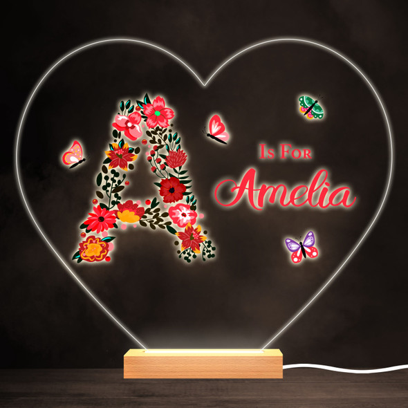 Floral Alphabet Butterflies Letter A Heart Personalised Gift Lamp Night Light