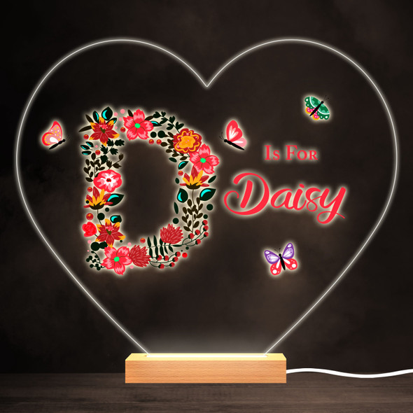 Floral Alphabet Butterflies Letter D Heart Personalised Gift Lamp Night Light