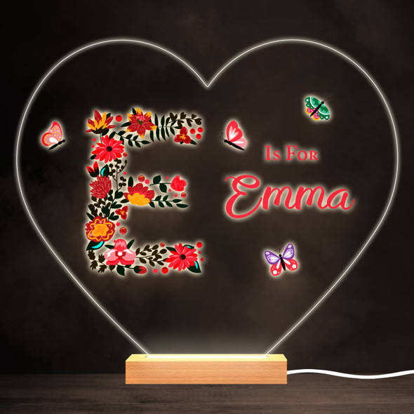 Floral Alphabet Butterflies Letter E Heart Personalised Gift Lamp Night Light