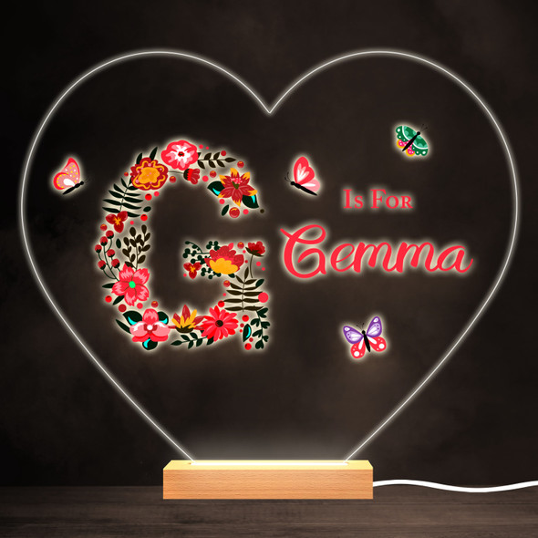 Floral Alphabet Butterflies Letter G Heart Personalised Gift Lamp Night Light