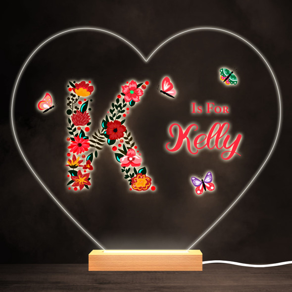 Floral Alphabet Butterflies Letter K Heart Personalised Gift Lamp Night Light