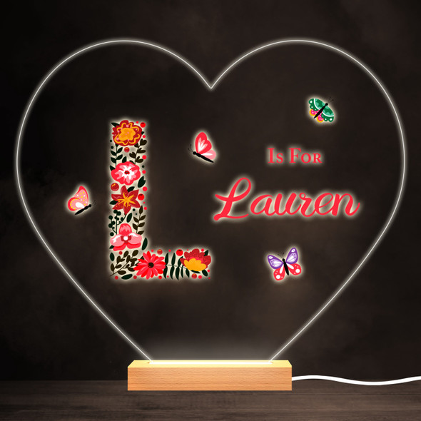 Floral Alphabet Butterflies Letter L Heart Personalised Gift Lamp Night Light