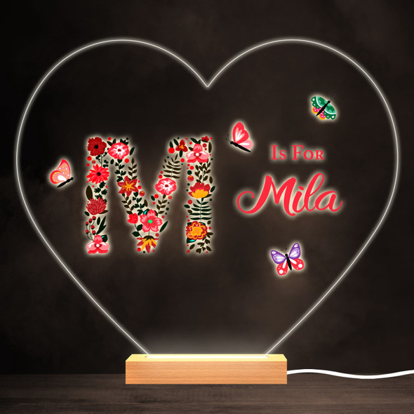 Floral Alphabet Butterflies Letter M Heart Personalised Gift Lamp Night Light