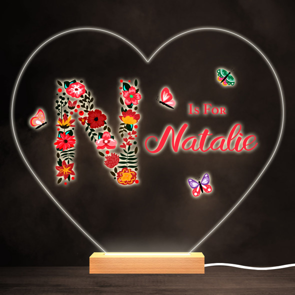 Floral Alphabet Butterflies Letter N Heart Personalised Gift Lamp Night Light