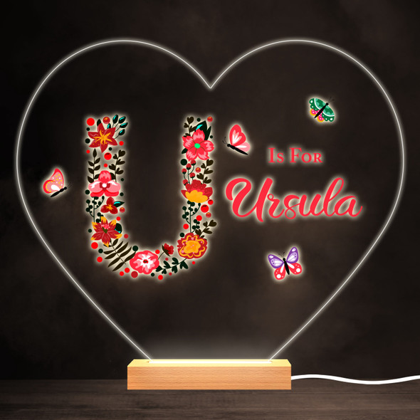 Floral Alphabet Butterflies Letter U Heart Personalised Gift Lamp Night Light