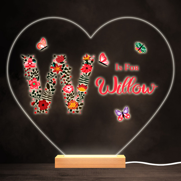 Floral Alphabet Butterflies Letter W Heart Personalised Gift Lamp Night Light