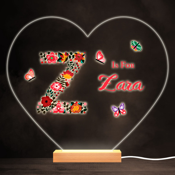Floral Alphabet Butterflies Letter Z Heart Personalised Gift Lamp Night Light