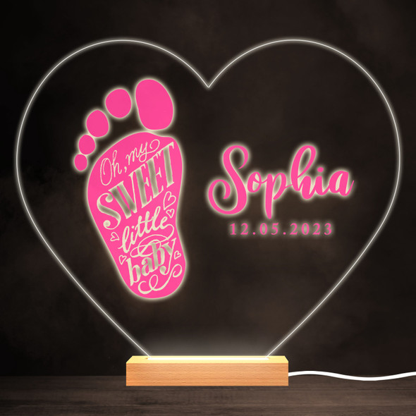 Pink New Baby Girl Foot Colourful Heart Personalised Gift LED Lamp Night Light