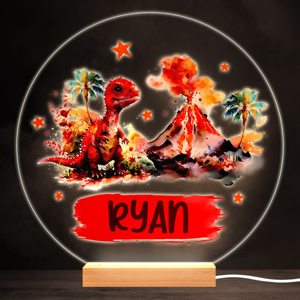 Dinosaur Volcano Boy Dino Red Colourful Round Personalised Gift Lamp Night Light