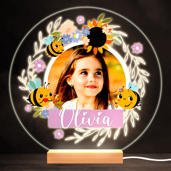 Bee Sunflower Photo Colourful Round Personalised Gift LED Lamp Night Light