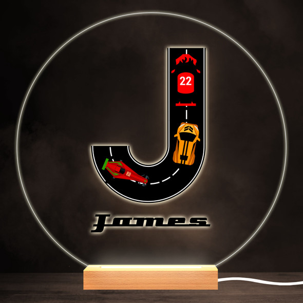 Road Racing Cars Letter J Colourful Round Personalised Gift LED Lamp Night Light